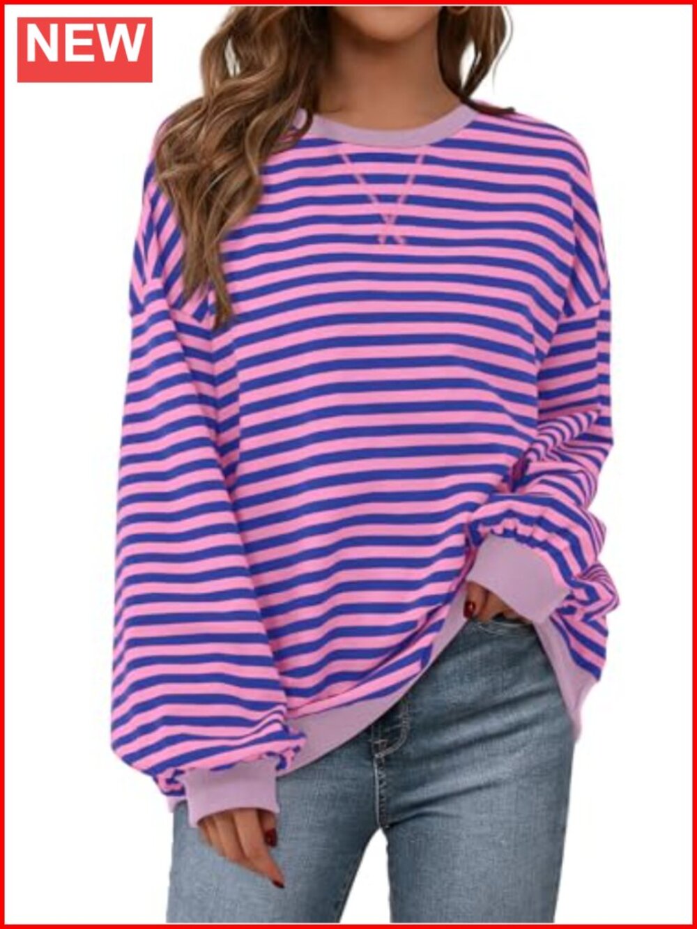 Striped Oversized Crewneck Sweatshirt Cotton Blend Loose Fit Womens